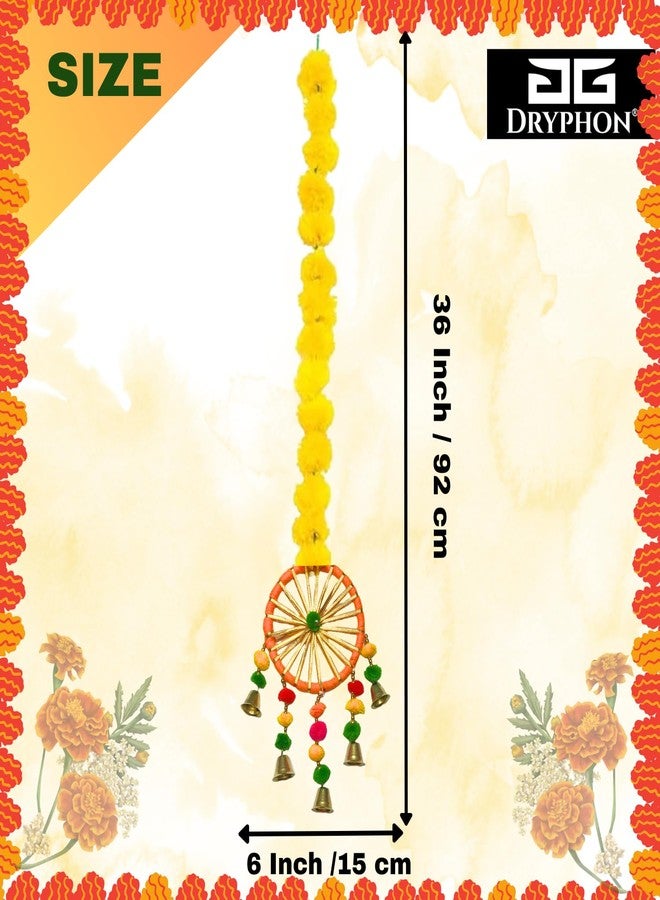 DRYPHON Artificial Marigold Flowers With Pom Pom Ring Bell Hanging Garlands for Home Decoration, Diwali, Wedding, Puja (Pack of 2) - Image 2